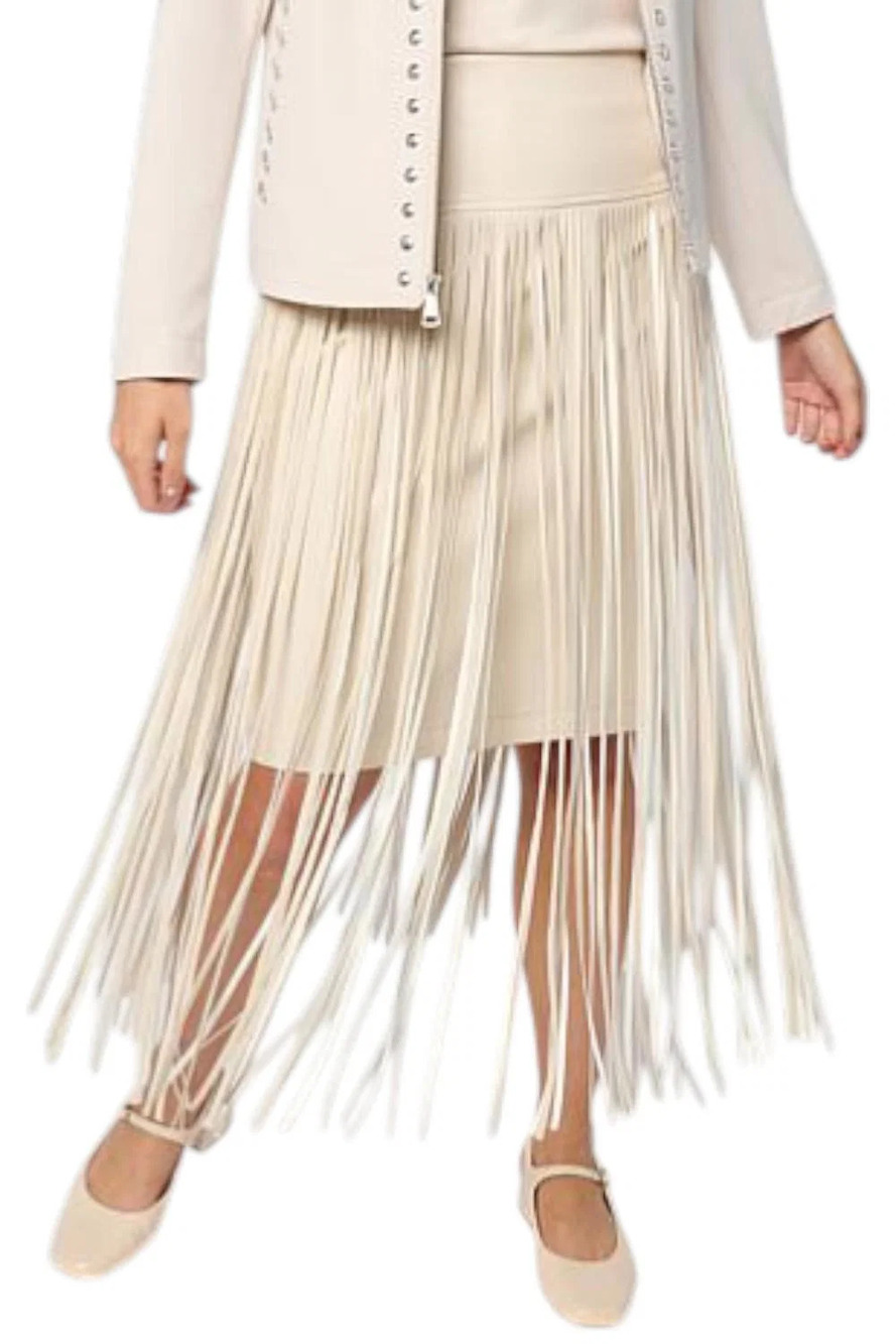 Colleen Lopez Women's Faux Leather Midi Skirt with Fringe Almond - Regular